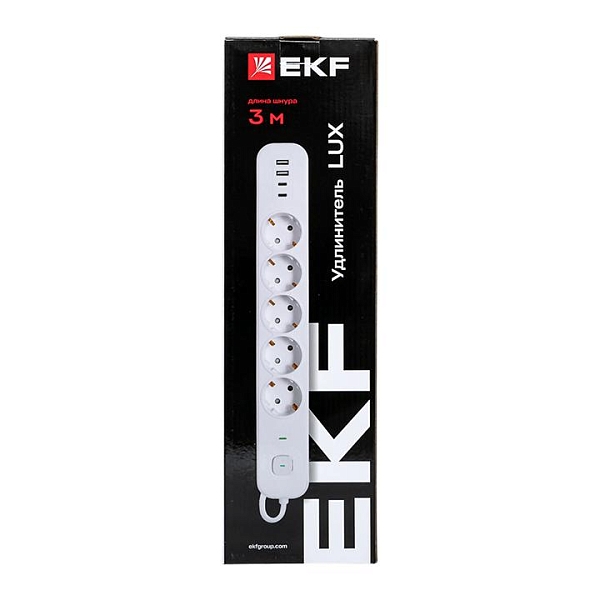 Удлинитель LUX 5 гнезд 2USB 2,4А+2type-C 3 метра 1,5мм2 EKF