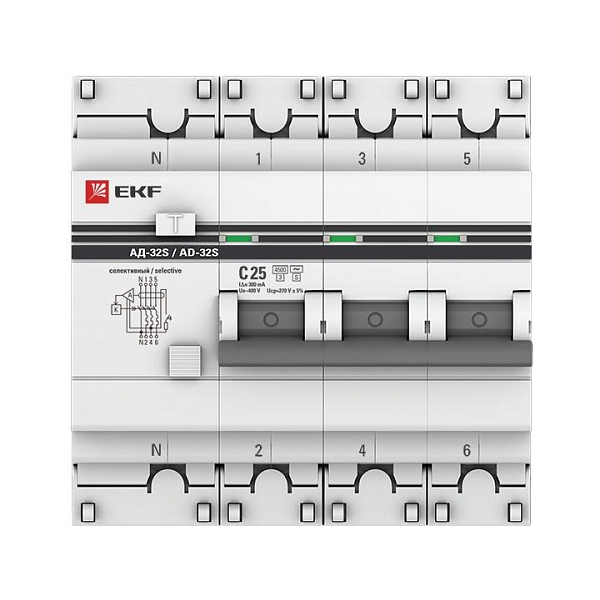 Автоматический выключатель дифференциального тока АД-32 3P+N (S) 25А характеристика C 300мА тип AC электронный селективный 4,5кА PROXIMA EKF