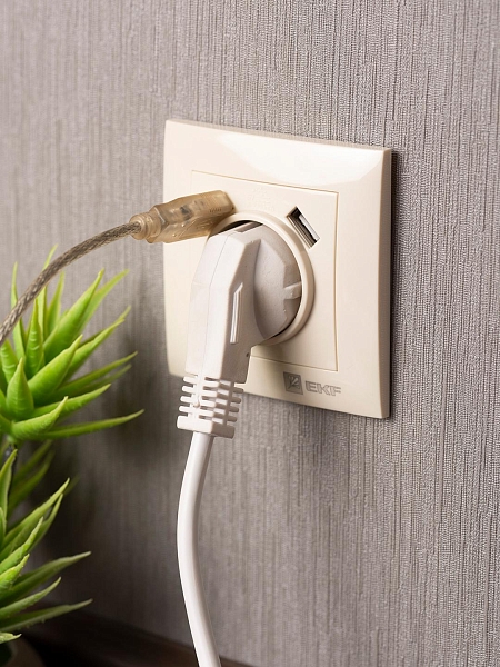 Валенсия розетка 1-местная с/з 16А кремовая с защ. штор. с 2 USB 2,1А EKF