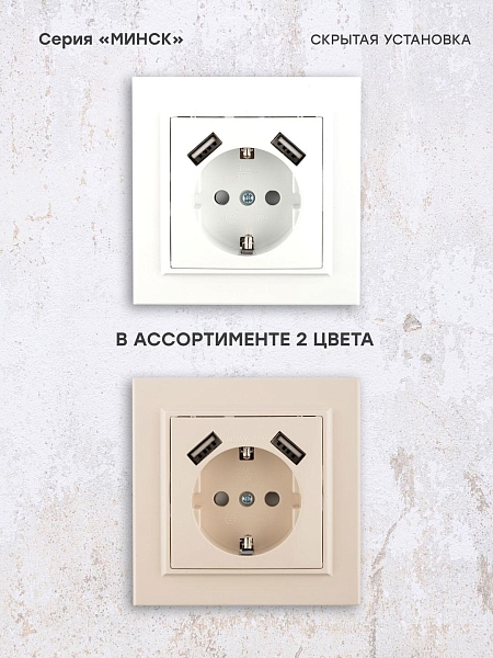 Минск Розетка 1-местная СП с/з 16А белая с защ. штор. с 2 USB 2,1А EKF
