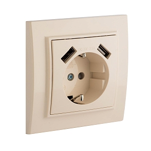 Минск Розетка 1-местная СП с/з 16А бежевая с защ. штор. с 2 USB 2,1А EKF