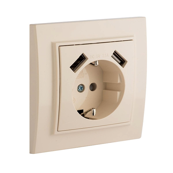 Минск Розетка 1-местная СП с/з 16А бежевая с защ. штор. с 2 USB 2,1А EKF
