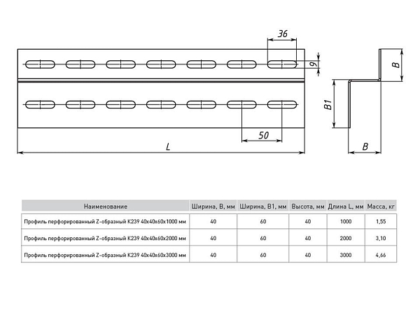 Профиль перфорированный Z-образный К239 40x60x1000 мм (2 мм) INOX EKF