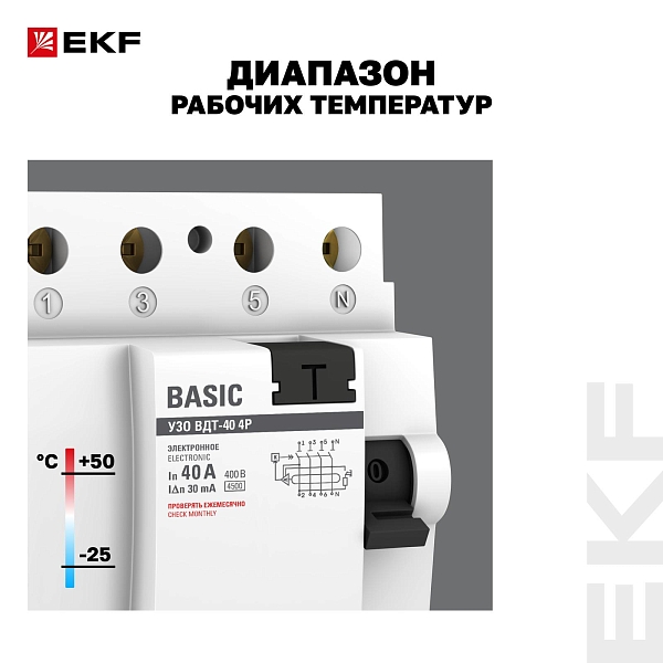 Выключатель дифференциального тока ВДТ-40 4P 40А 30мА тип АС электронный 4,5кА BASIC