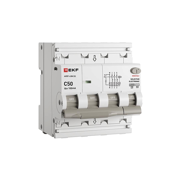 Автоматический выключатель дифференциального тока АВДТ-63N 3P+N (S) 50А характеристика C 100мА тип AC электронный селективный 6кА PROXIMA EKF