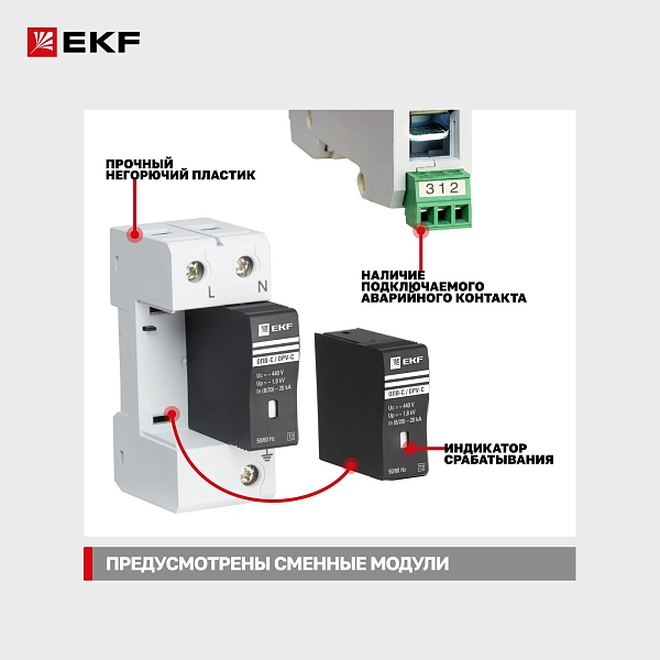 Ограничитель импульсных напряжений ОПВ-C/2P In 20кА 440В с сигн. EKF