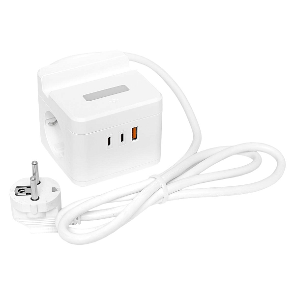 Удлинитель "Куб" 2 гнезда 1USB + 2Type C с быстрой зарядкой, подставкой под телефон и ночником 1,3 метра 1мм2