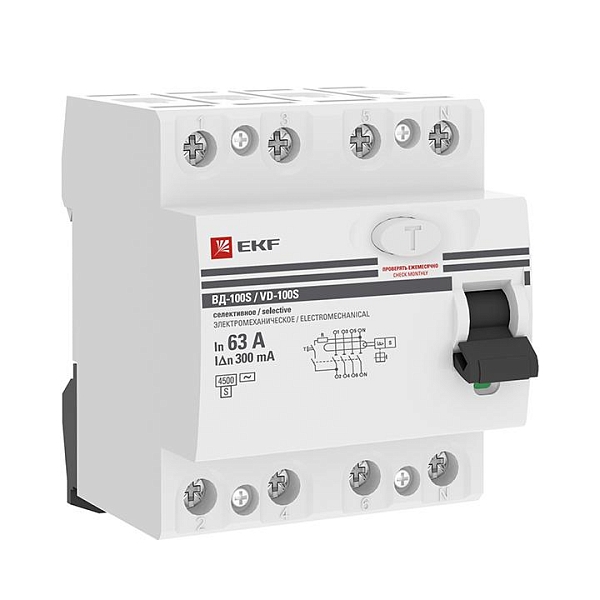 Выключатель дифференциального тока ВД-100 4P (S) 63А 300мА тип АС электромеханический 4,5кА селективный PROXIMA EKF