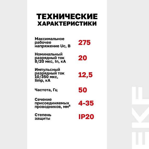 Устройство защиты от импульсных перенапряжений Т1+Т2; Iimp-12,5kA; In-20kA; Uc-275В; 3+1 EKF