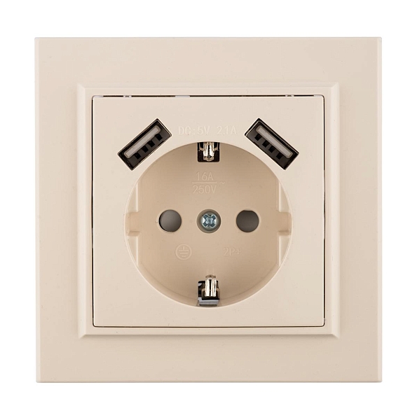 Минск Розетка 1-местная СП с/з 16А бежевая с защ. штор. с 2 USB 2,1А EKF