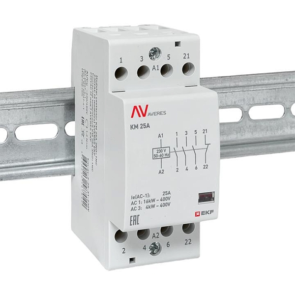 Контактор модульный КМ 25А 3NO+1NC 230В АС (2 мод.) AVERES EKF