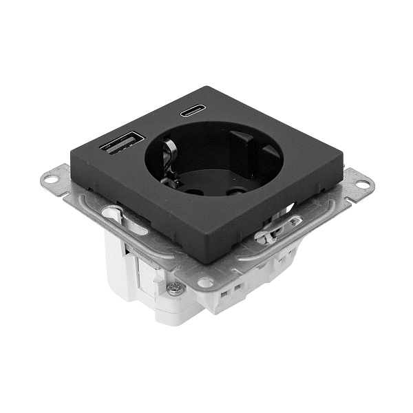Механизм розетки с USB-A+С - 2шт, 16А, с заземлением, со шторками, чёрный Эпика EKF