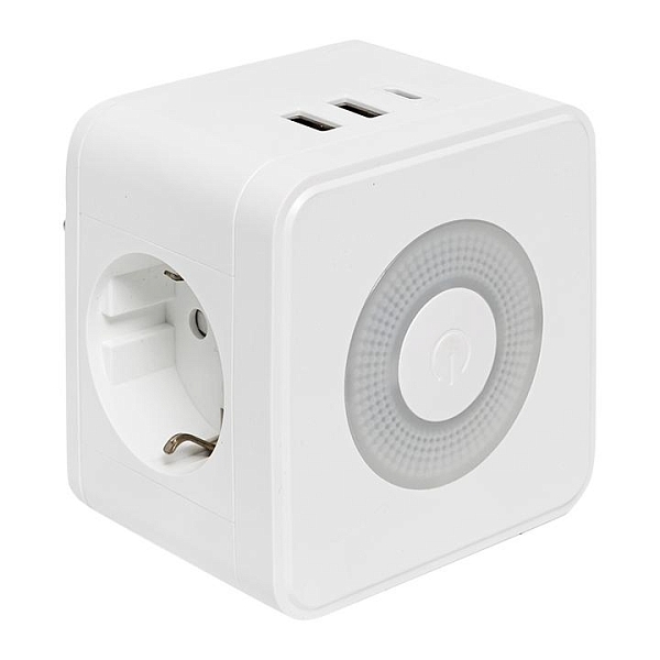Тройник "Куб" 2 гнезда 2USB 2,4А+Type C + Ночник