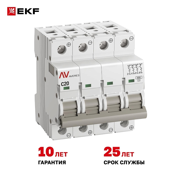 Выключатель автоматический AV-6 DC 4P 20A (C) 6kA EKF AVERES
