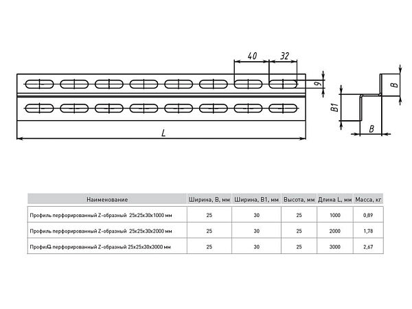 Профиль перфорированный Z-образный 25x30x3000 мм (2 мм) EKF