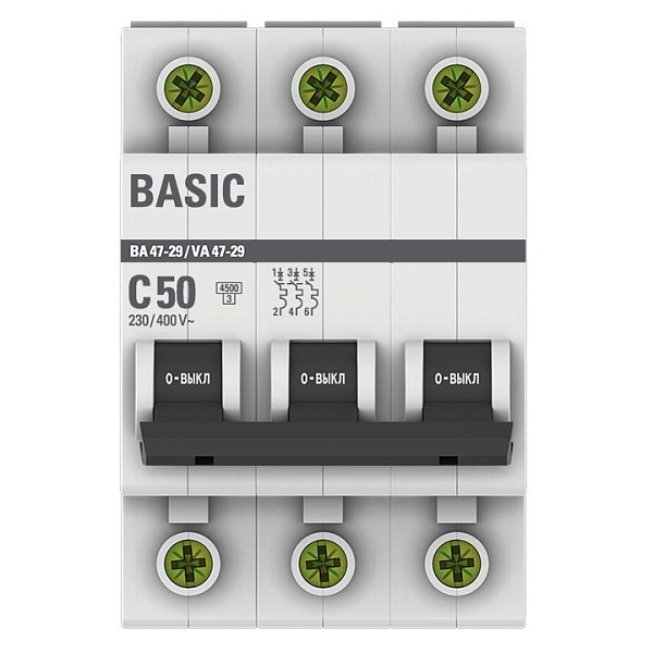 Автоматический выключатель ВА 47-29 3P 50А (C) 4,5кА BASIC