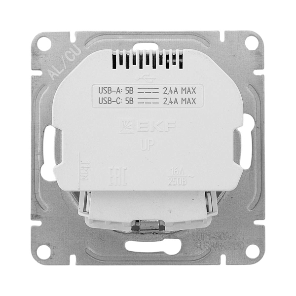 Механизм розетки с USB-A+С - 2шт, 16А, с заземлением, со шторками, алюминий Эпика EKF