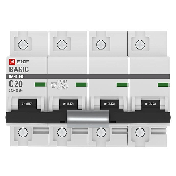 Автоматический выключатель 4P 20А (C) 10kA ВА 47-100 EKF Basic