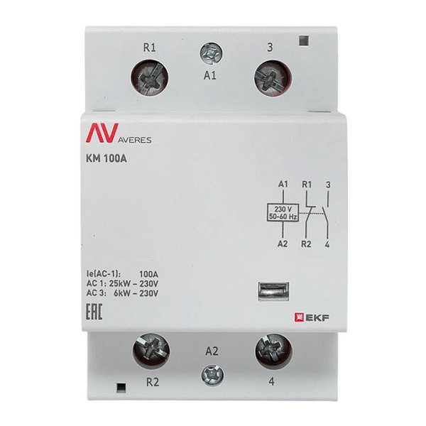 Контактор модульный КМ 100А 1NO+1NC 230В АС (3 мод.) AVERES EKF