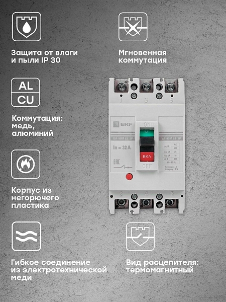 Выключатель автоматический в литом корпусе ВА-99М 63/32А 3P 10In 25кА с термомагнитным расцепителем EKF