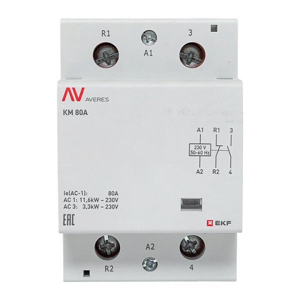 Контактор модульный КМ 80А 1NO+1NC 230В АС (3 мод.) AVERES EKF