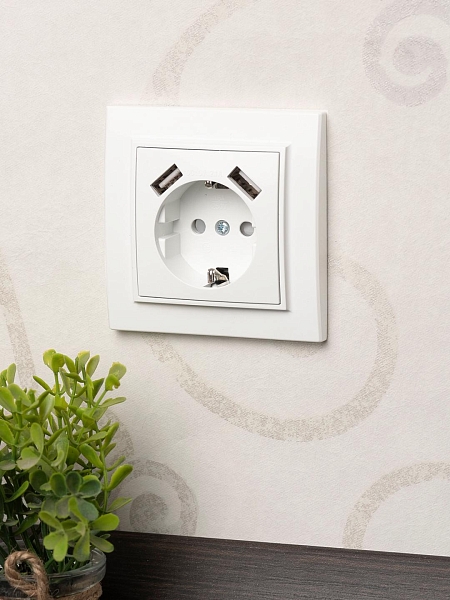 Минск Розетка 1-местная СП с/з 16А белая с защ. штор. с 2 USB 2,1А EKF