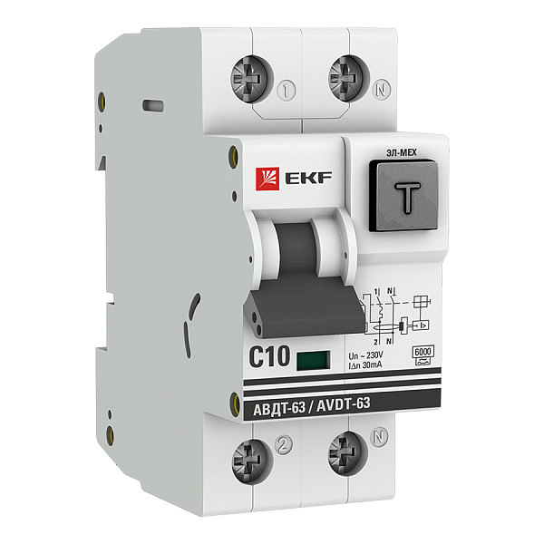 Автоматический выключатель дифференциального тока АВДТ-63 1P+N 10А характеристика C 30мА тип A электромеханический 6кА EKF PROXIMA
