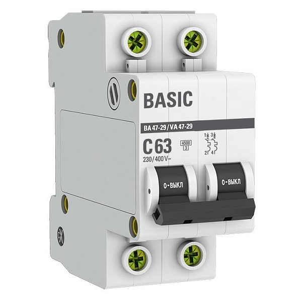 Автоматический выключатель ВА 47-29 2P 63А (C) 4,5кА BASIC