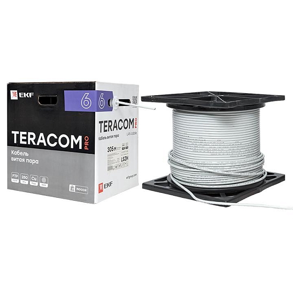 Кабель витая пара TERACOM PRO Cat.6 F/UTP 4 пары solid 23AWG оболочка LSZH нг(А)-HF цвет серый (упак. 305м)