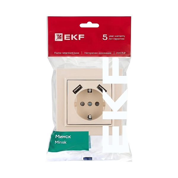 Минск Розетка 1-местная СП с/з 16А бежевая с защ. штор. с 2 USB 2,1А EKF