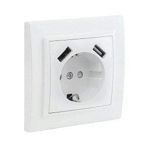 Минск Розетка 1-местная СП с/з 16А белая с защ. штор. с 2 USB 2,1А EKF
