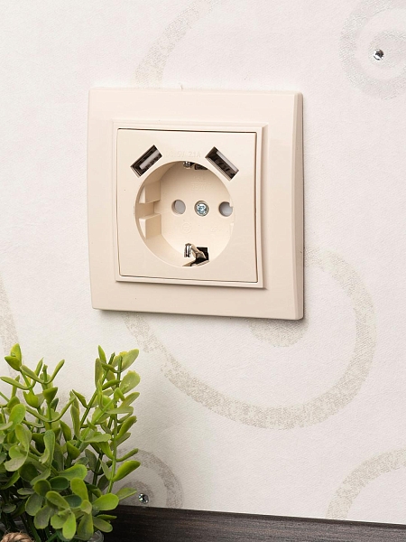 Минск Розетка 1-местная СП с/з 16А бежевая с защ. штор. с 2 USB 2,1А EKF